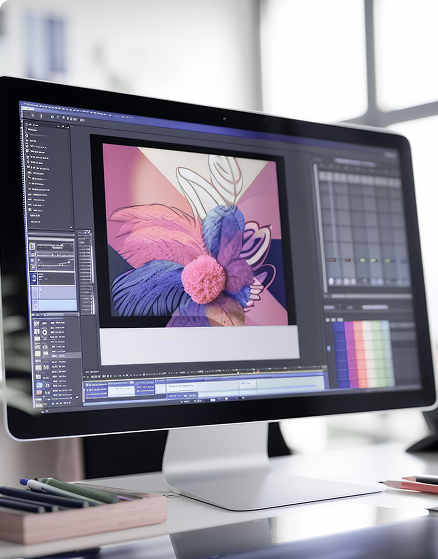 A desktop computer displaying graphic design software with a colorful abstract illustration on the screen, surrounded by interface panels and design tools on a modern desk.